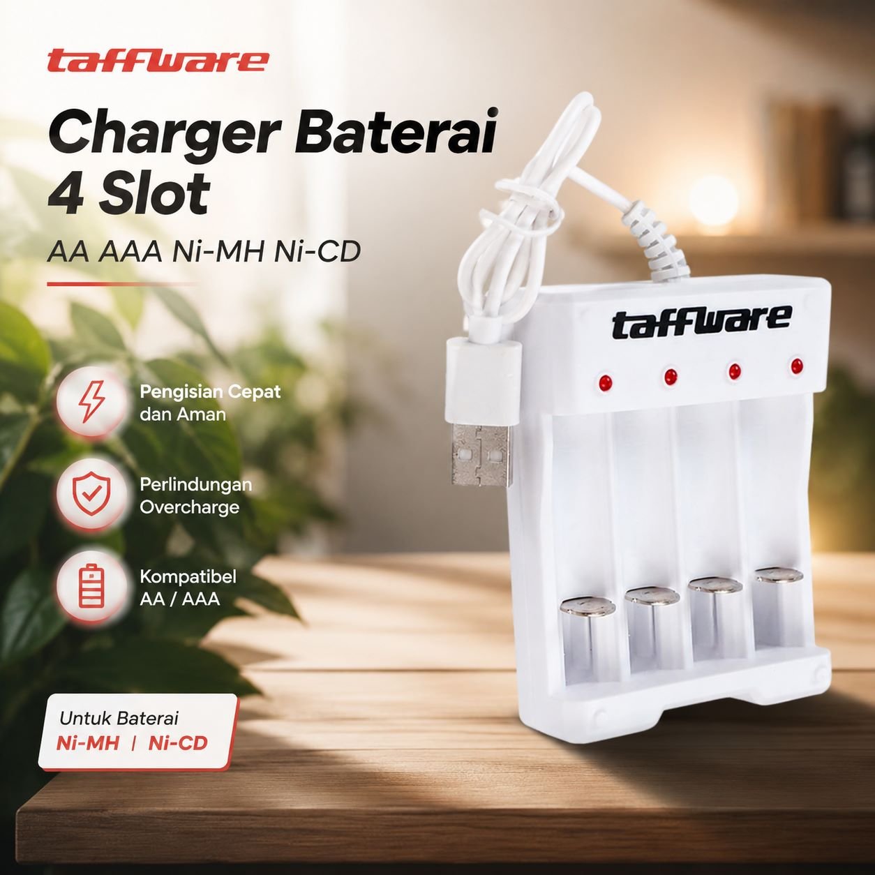 Taffware Charger Baterai 4 Slot AA AAA Ni-MH Ni-CD USB Plug - B-04 - White 1